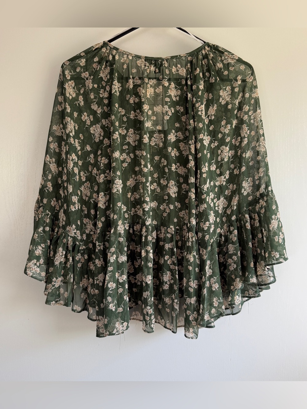 Gigio Green Floral Peasant Blouse Sheer Gold Metallic Ruffle Tie Front Peplum - Picture 2 of 4